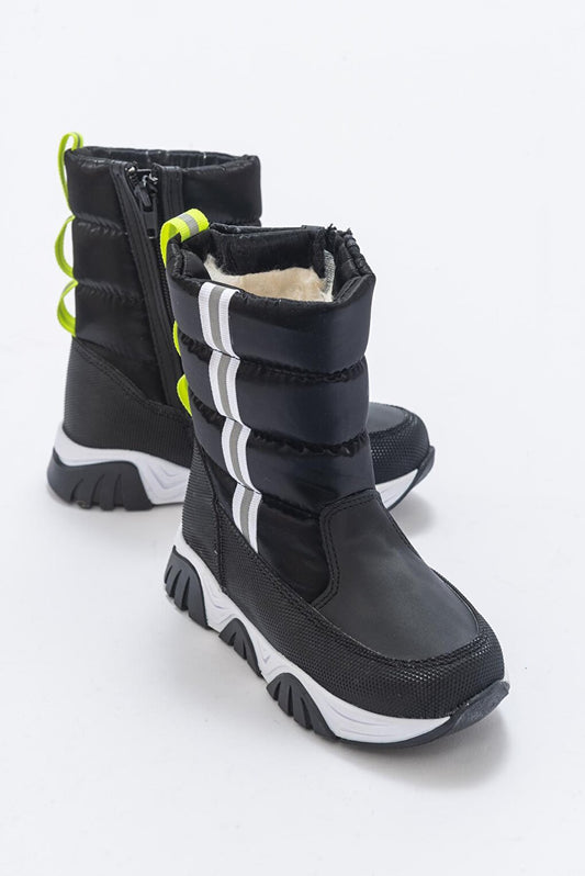 Boy's Black Leather &amp; Fur Anatomical Snow Boots