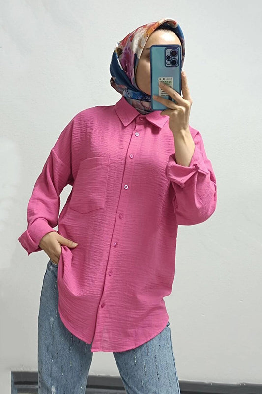 Pink Oversize Shirt with Drop Shoulder Pocket