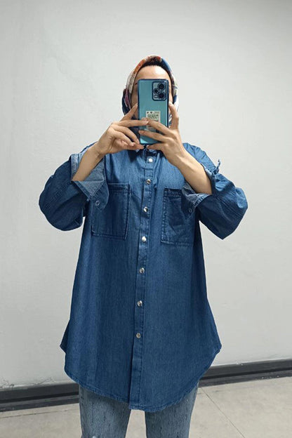 Blue Double Pocket Snap Button Oversize Denim Shirt