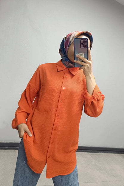 Orange Oversize Shirt with Low Shoulder Pockets