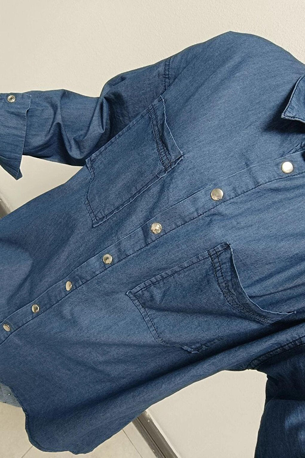 Blue Double Pocket Snap Button Oversize Denim Shirt