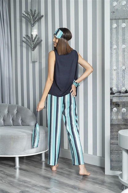 2-Piece Striped Viscose Navy Blue Undershirt Pajama Set