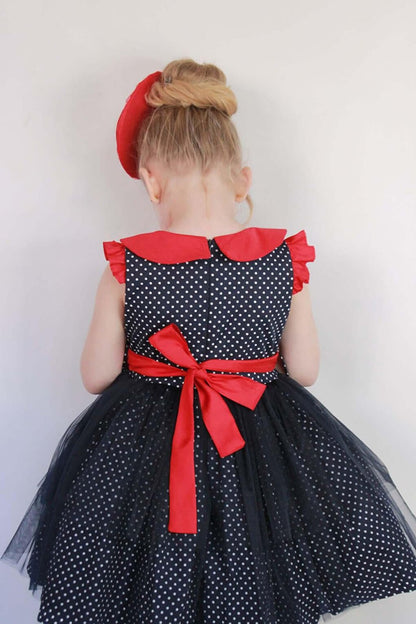 Girl's Baby Collar Polka Dot Tulle Navy Blue Dress