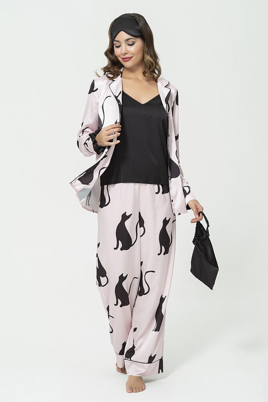 6-Piece Cat Pattern Pink Satin Pajama Set