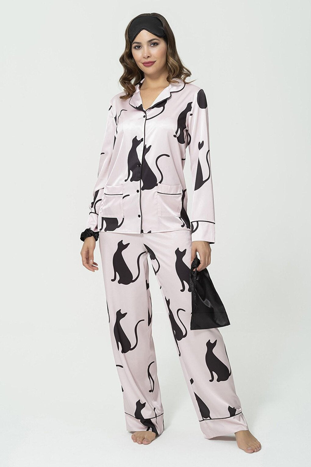 6-Piece Cat Pattern Pink Satin Pajama Set