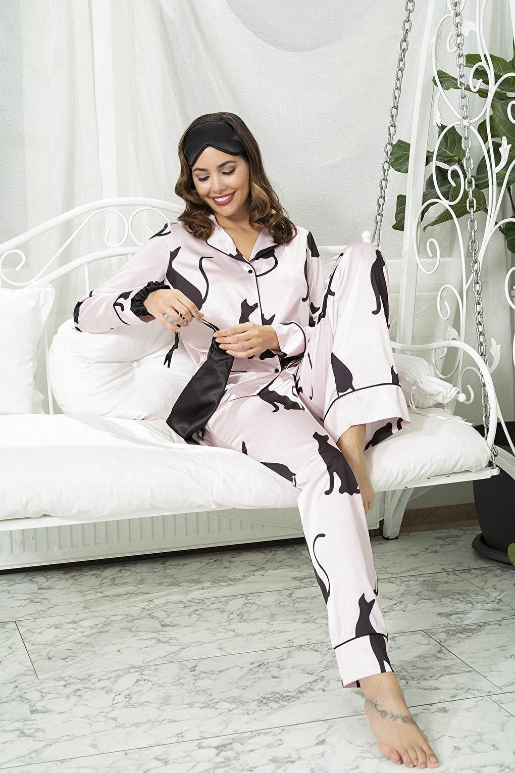 6-Piece Cat Pattern Pink Satin Pajama Set