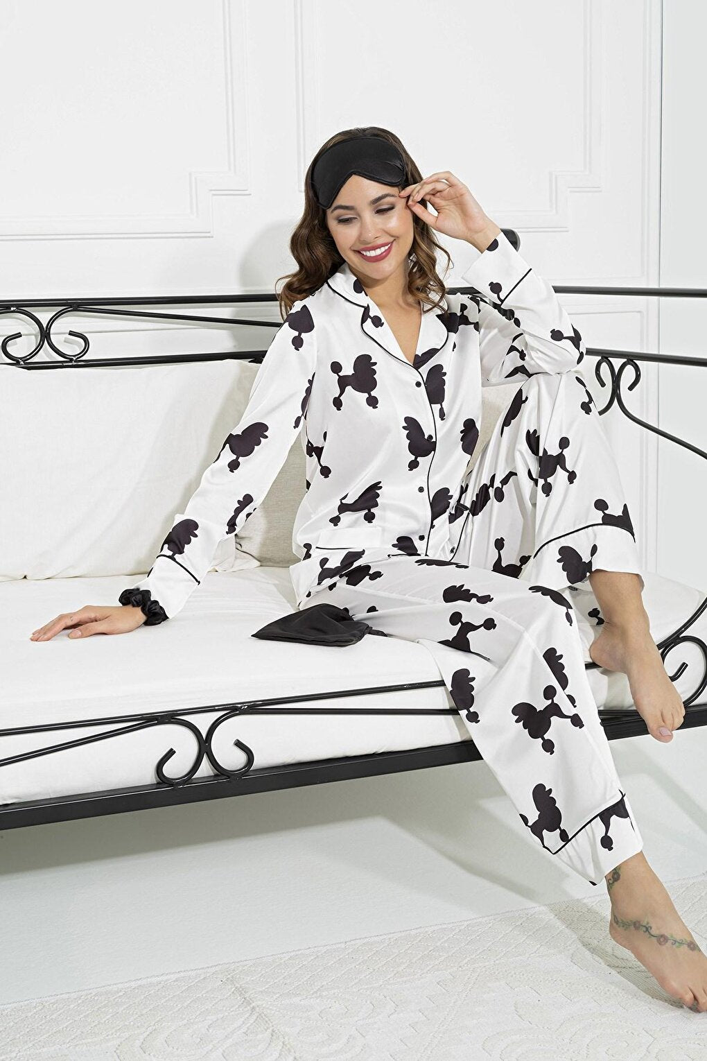 6-Piece Dog Pattern White Satin Pajama Set