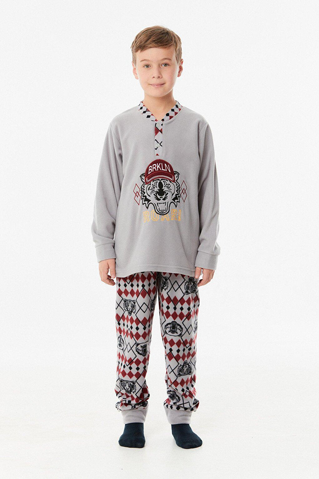 Embroidered High Collar Fleece Boys' Pajama Set