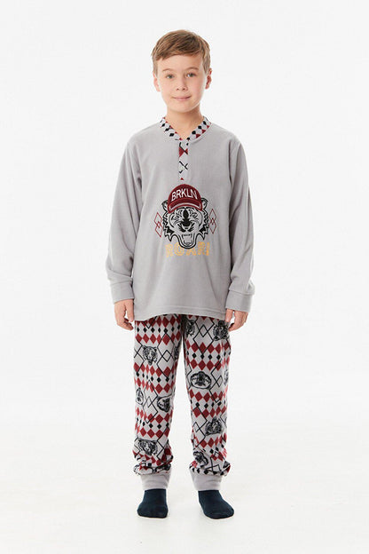 Embroidered High Collar Fleece Boys' Pajama Set