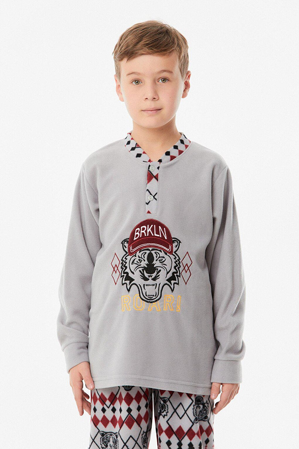 Embroidered High Collar Fleece Boys' Pajama Set