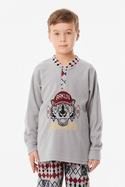 Embroidered High Collar Fleece Boys' Pajama Set