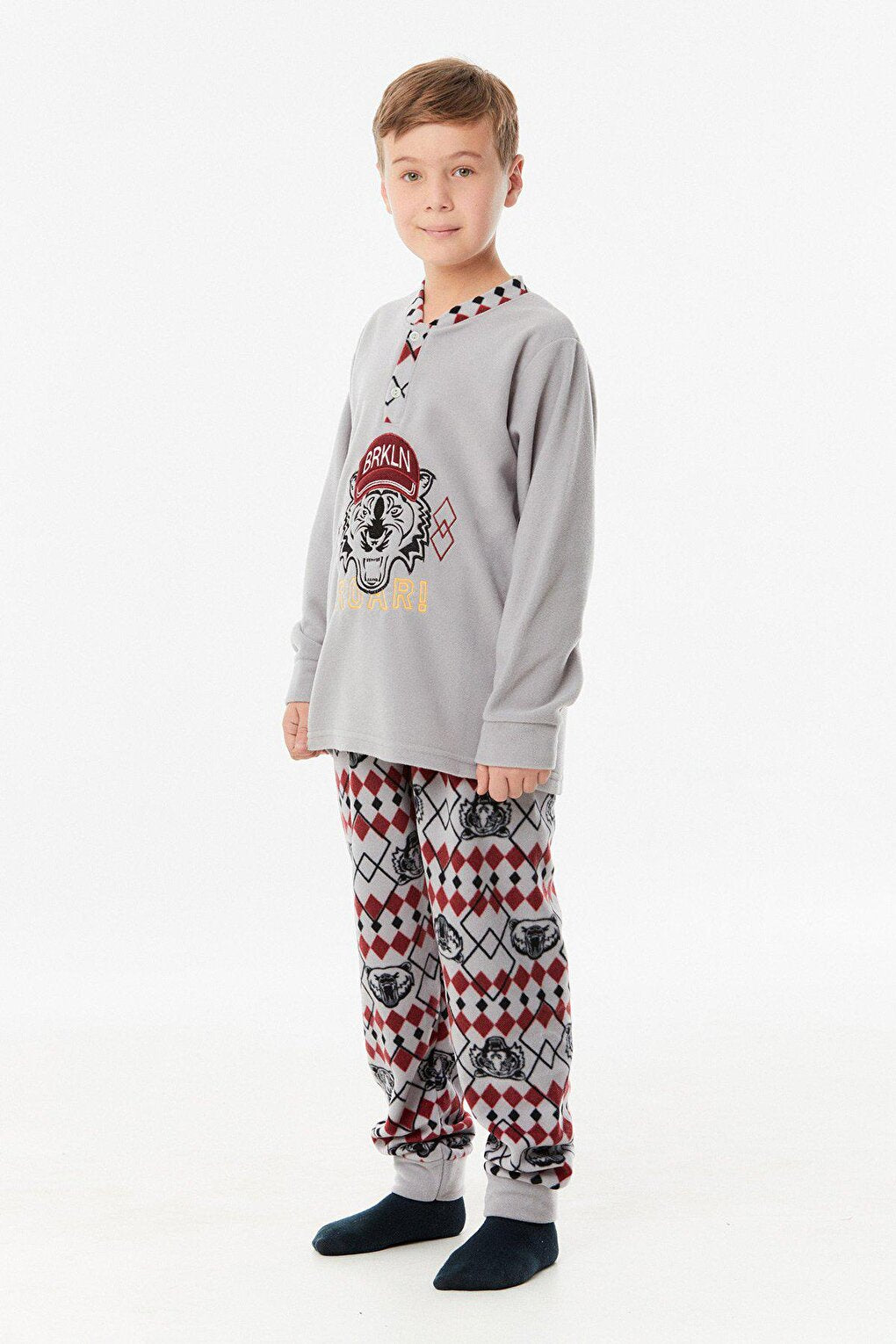 Embroidered High Collar Fleece Boys' Pajama Set