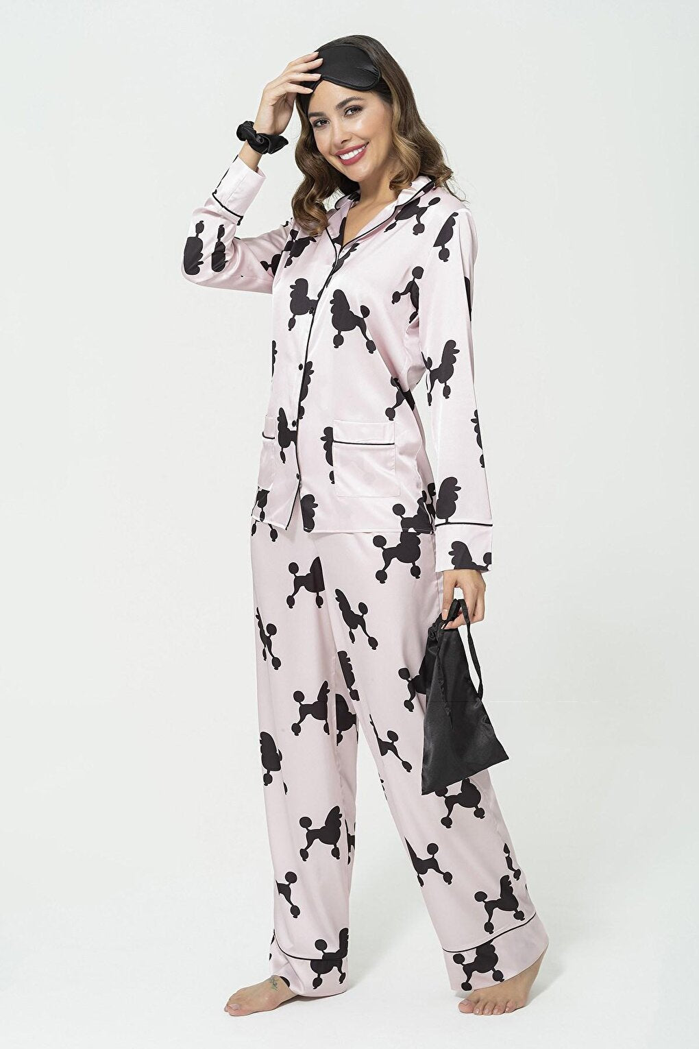 6-Piece Dog Pattern Pink Satin Pajama Set