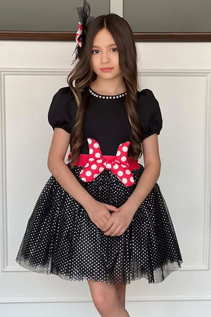 Girl's Black Dress with Pearl Collar and Glitter Polka Dot Detail on the Skirt