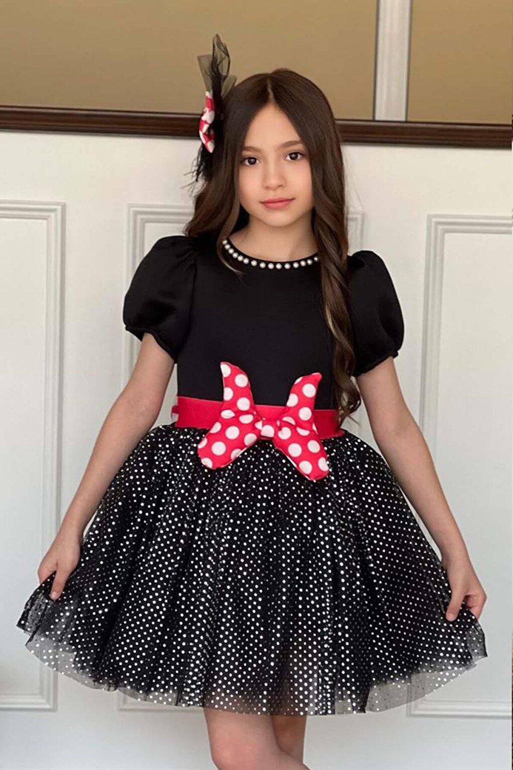 Girl's Black Dress with Pearl Collar and Glitter Polka Dot Detail on the Skirt