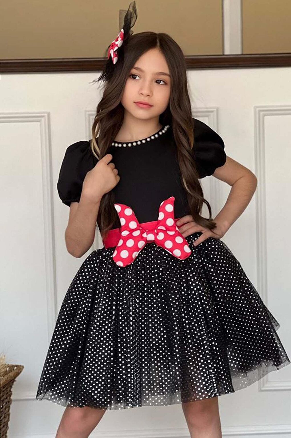 Girl's Black Dress with Pearl Collar and Glitter Polka Dot Detail on the Skirt