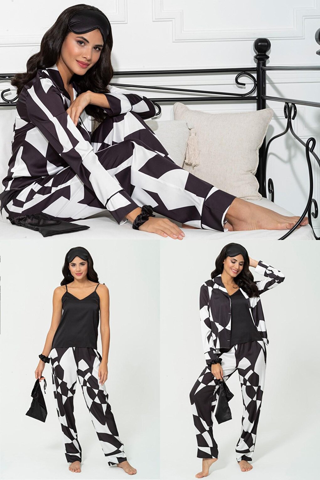 6-Piece Asymmetrical Black and White Satin Pajama Set