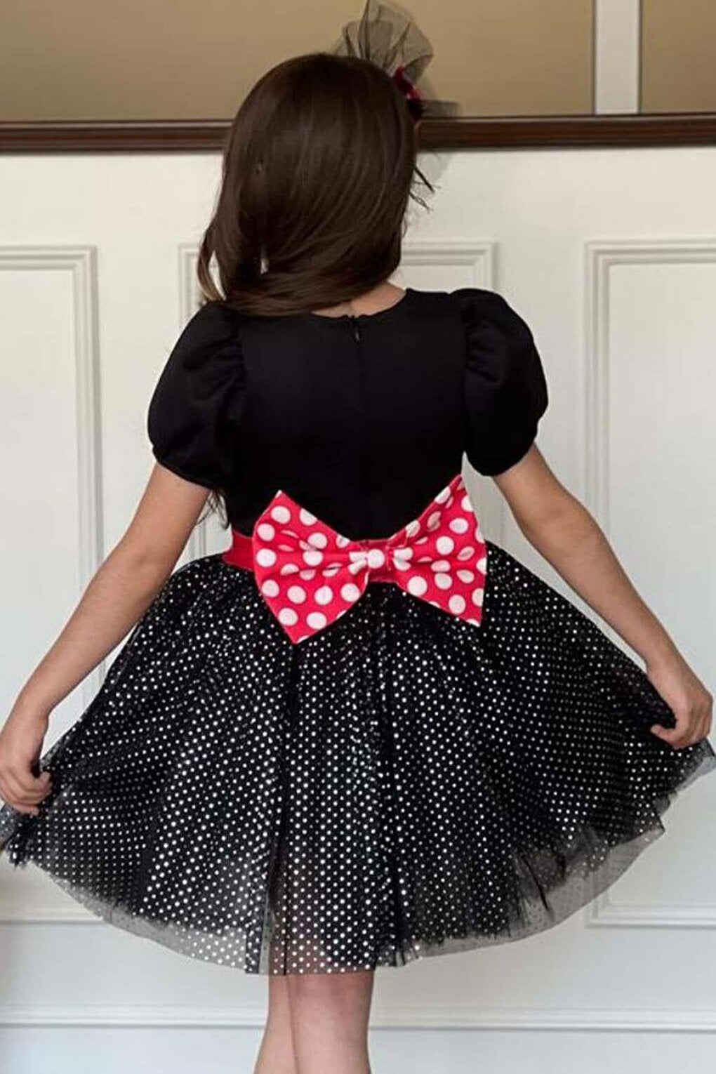 Girl's Black Dress with Pearl Collar and Glitter Polka Dot Detail on the Skirt