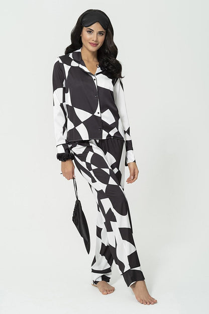 6-Piece Asymmetrical Black and White Satin Pajama Set