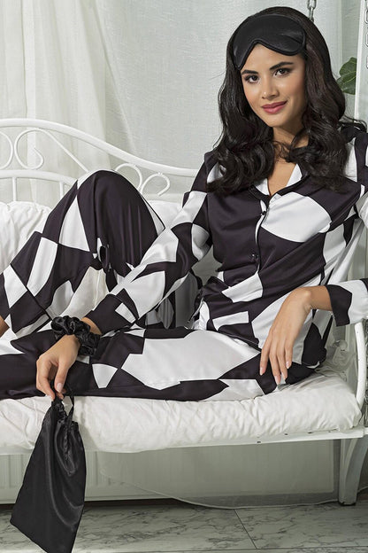 6-Piece Asymmetrical Black and White Satin Pajama Set