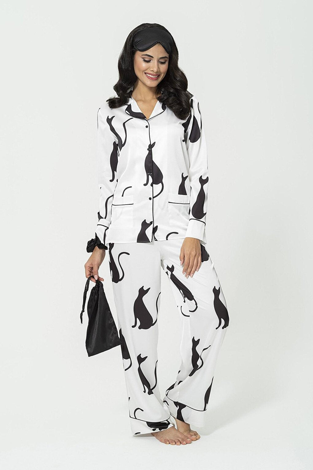 6-Piece Cat Pattern White Satin Pajama Set