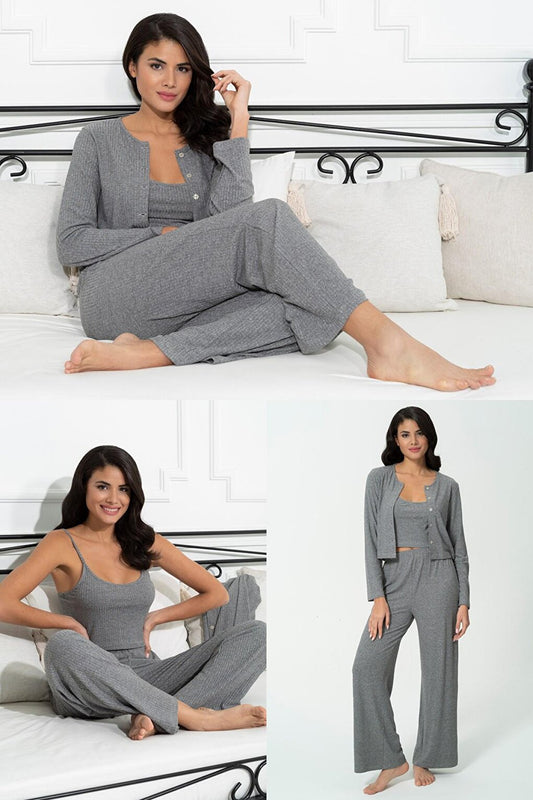 3-Piece Ribbed Athlete Cardigan Pajama Bottom Set