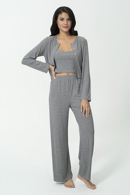 3-Piece Ribbed Athlete Cardigan Pajama Bottom Set