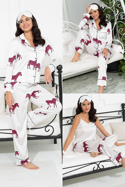 6-Piece Zebra Pattern Ecru Satin Pajama Set