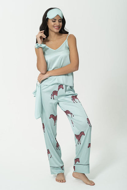 6-Piece Zebra Pattern Green Satin Pajama Set