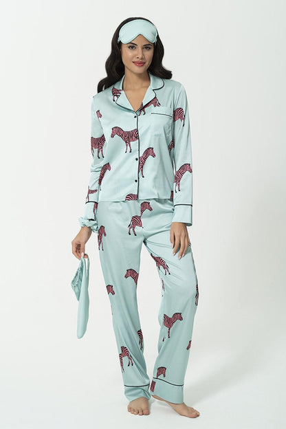 6-Piece Zebra Pattern Green Satin Pajama Set