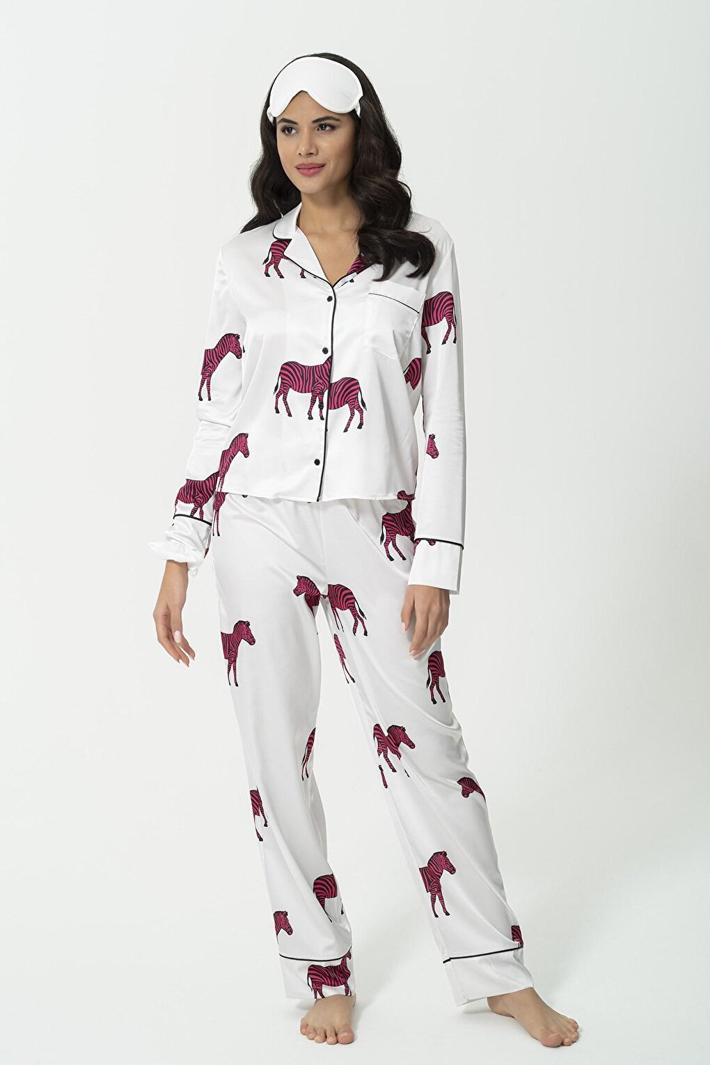 6-Piece Zebra Pattern Ecru Satin Pajama Set