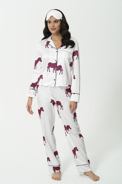 6-Piece Zebra Pattern Ecru Satin Pajama Set