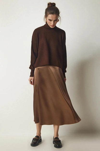 Women's Light Brown Satin Finished Midi Length Skirt with Elastic Waist Hzl23s-bd1101471