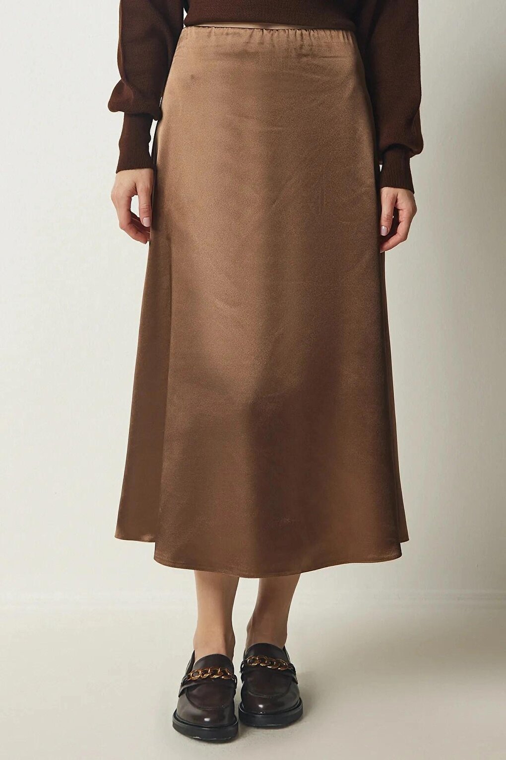 Women's Light Brown Satin Finished Midi Length Skirt with Elastic Waist Hzl23s-bd1101471