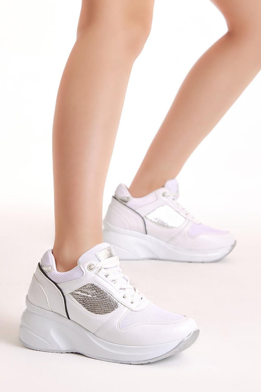 Women's White High Sole Lace-up Sneakers