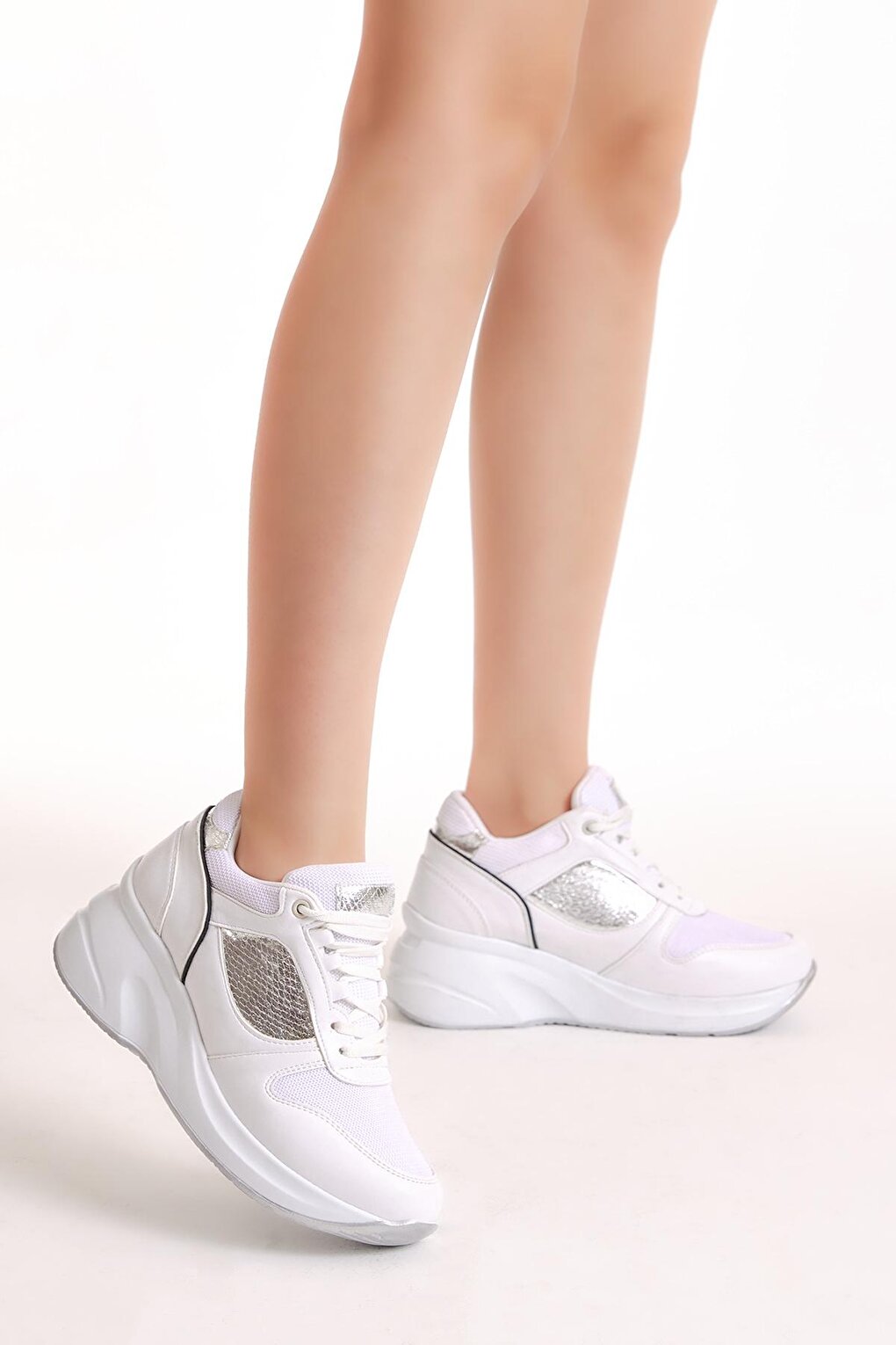 Women's White High Sole Lace-up Sneakers