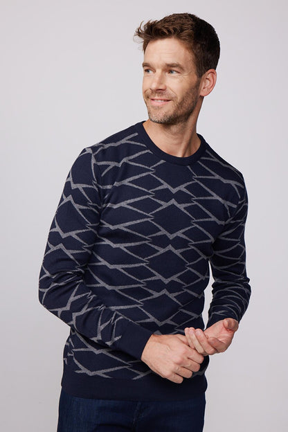 Slim Fit Narrow Cut Crew Neck Jacquard Navy Blue-Grey Men's Sweater