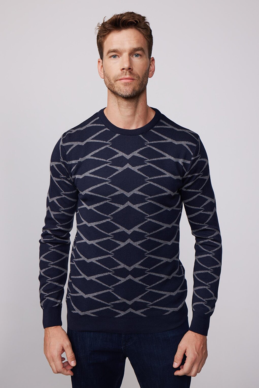 Slim Fit Narrow Cut Crew Neck Jacquard Navy Blue-Grey Men's Sweater