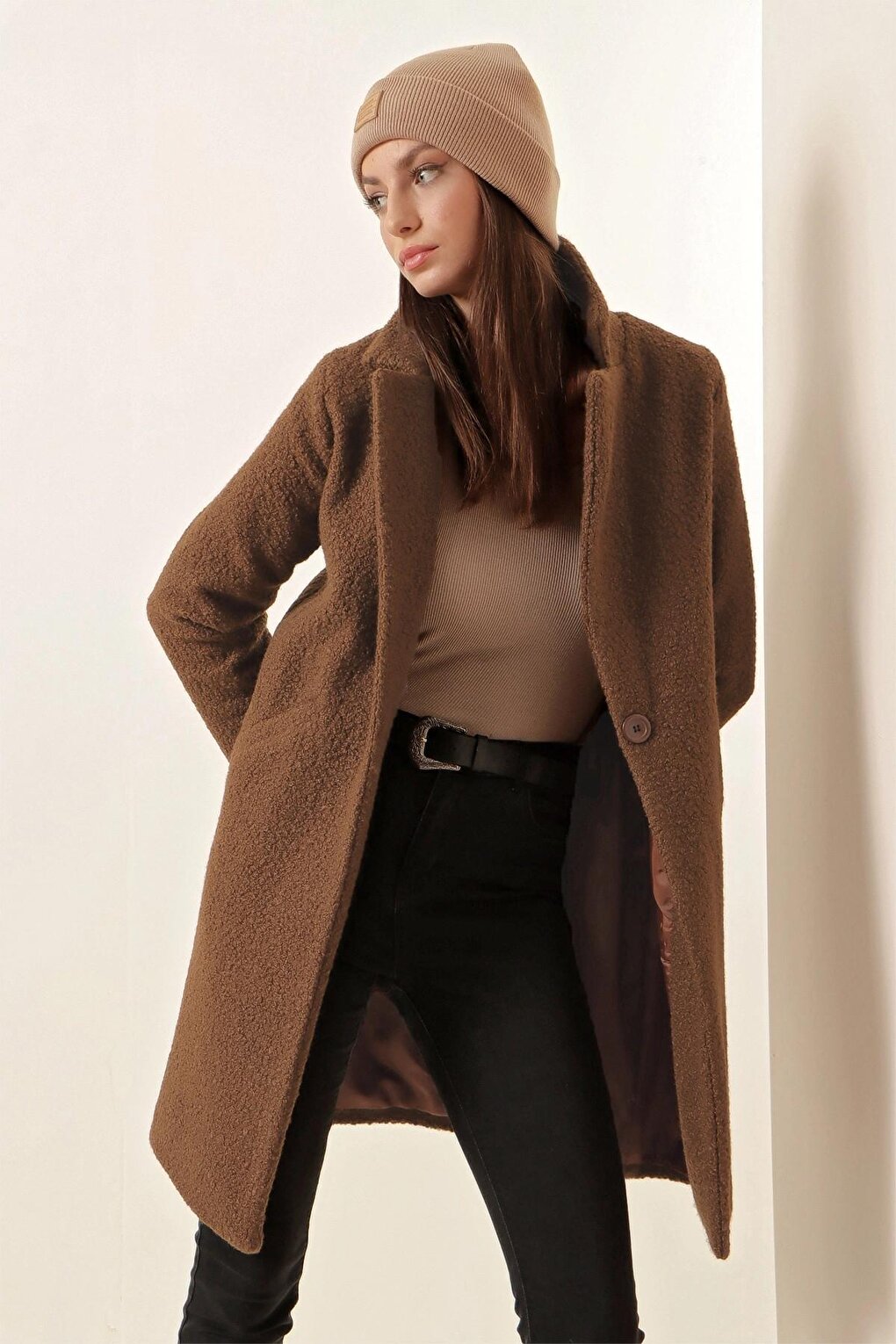 Brown Single Button Lined Pocket Boucle Cashew Coat