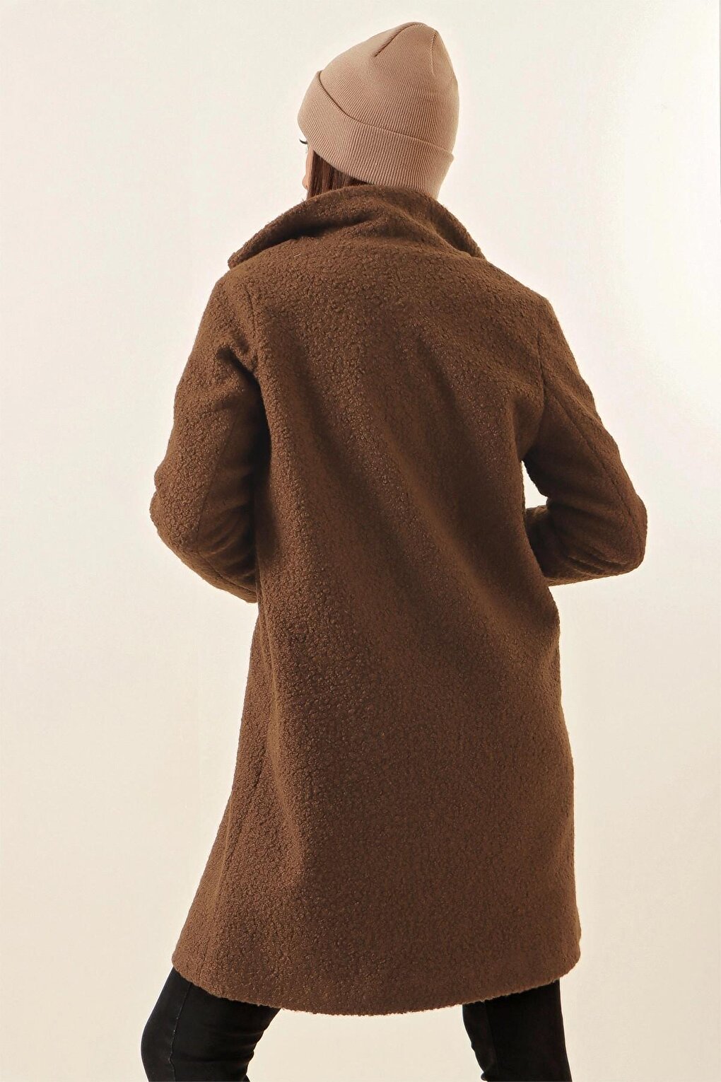 Brown Single Button Lined Pocket Boucle Cashew Coat