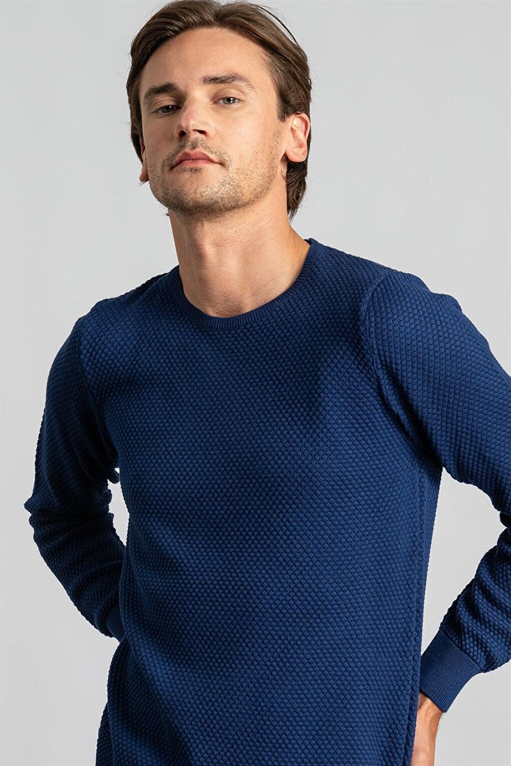 Slim Fit Crew Neck Honeycomb Patterned Men's Dark Sax Blue 2 Sweater