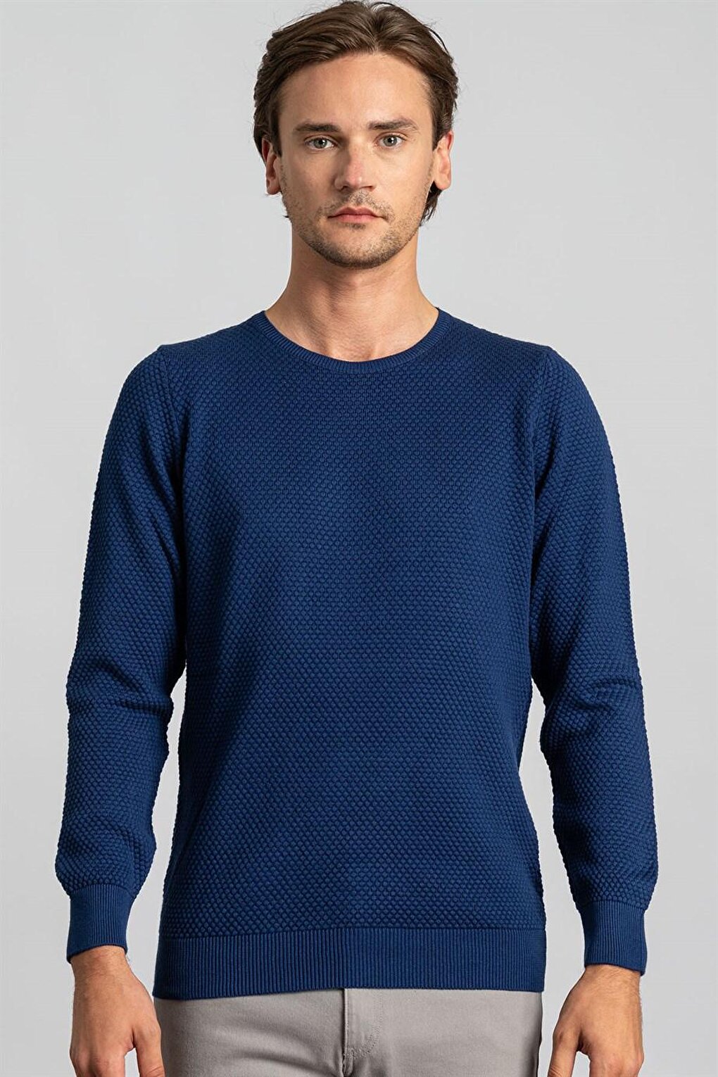 Slim Fit Crew Neck Honeycomb Patterned Men's Dark Sax Blue 2 Sweater