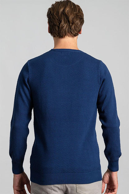 Slim Fit Crew Neck Honeycomb Patterned Men's Dark Sax Blue 2 Sweater