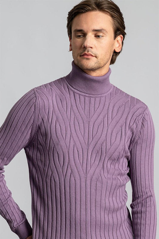 Slim Fit Full Turtleneck Hair Knitted Patterned Men's Lilac Sweater