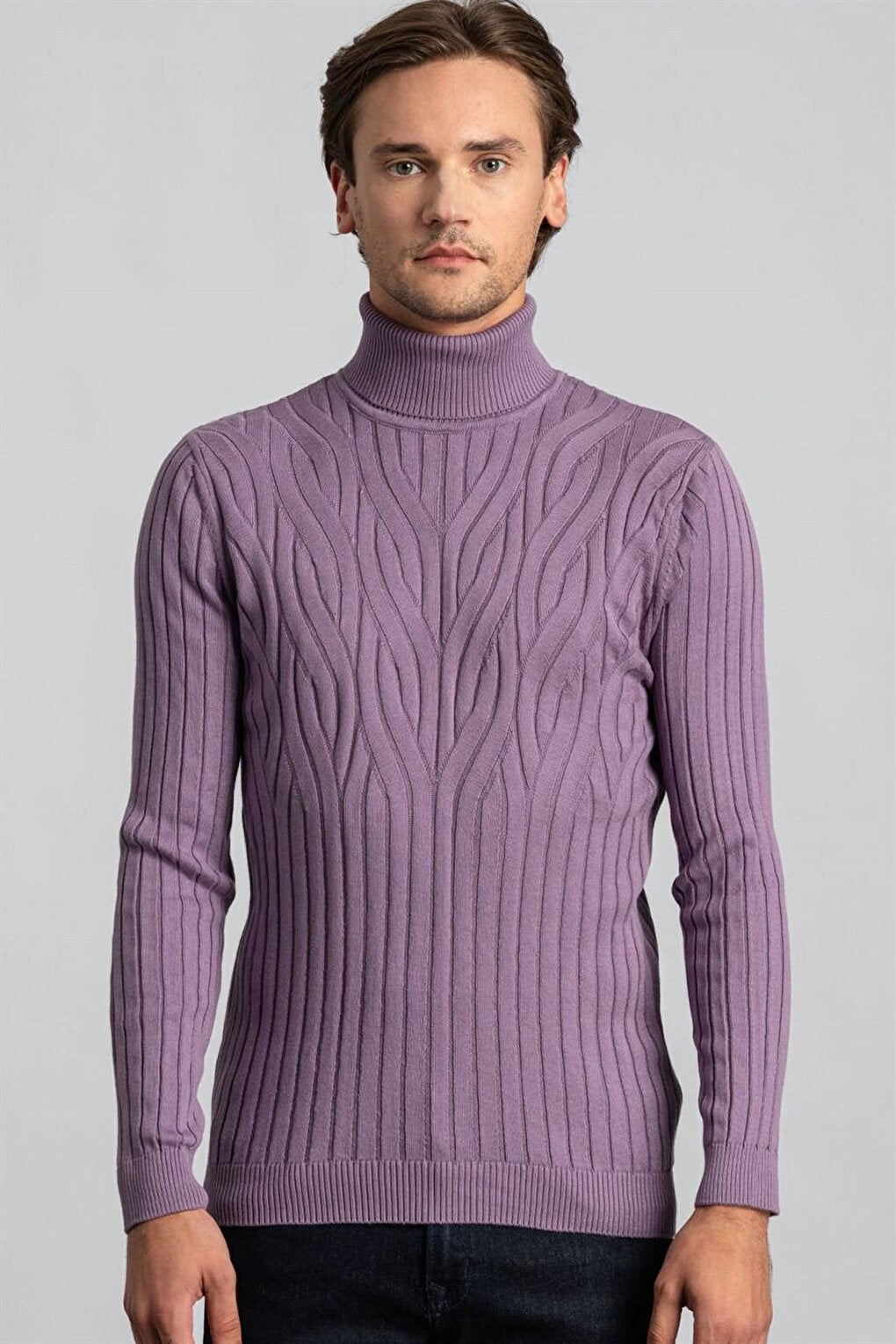 Slim Fit Full Turtleneck Hair Knitted Patterned Men's Lilac Sweater