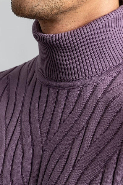 Slim Fit Full Turtleneck Hair Knitted Patterned Men's Lilac Sweater