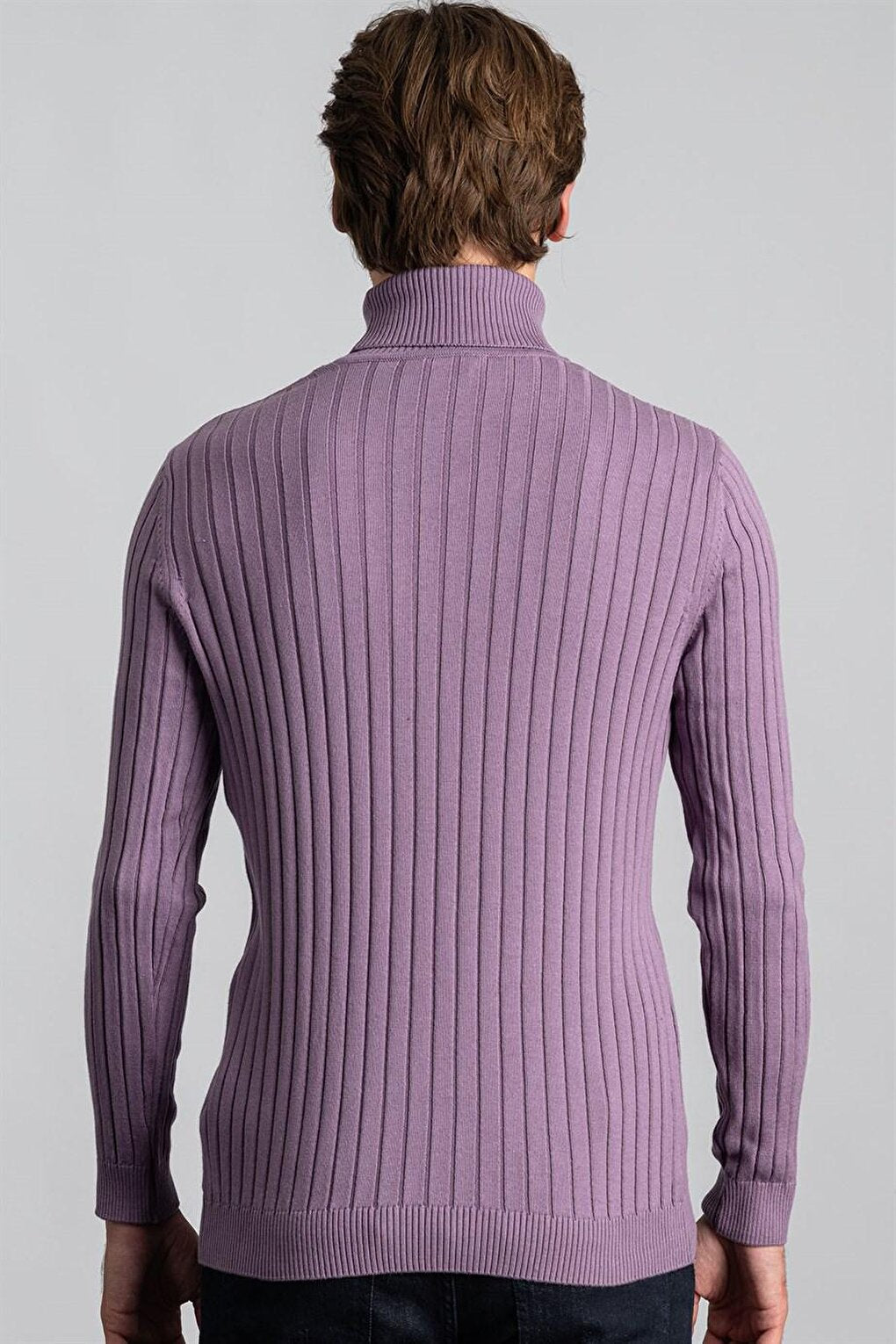 Slim Fit Full Turtleneck Hair Knitted Patterned Men's Lilac Sweater