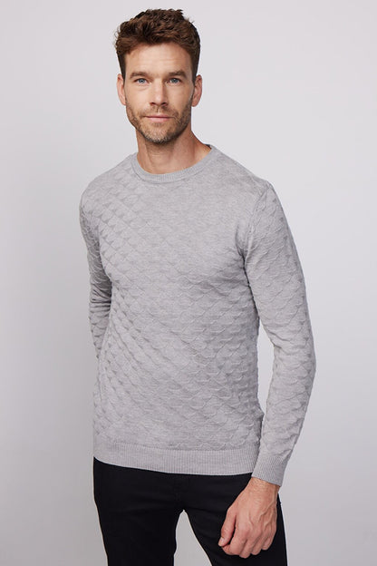 Regular Fit Standard Cut Crew Neck Patterned Light Gray Men's Sweater