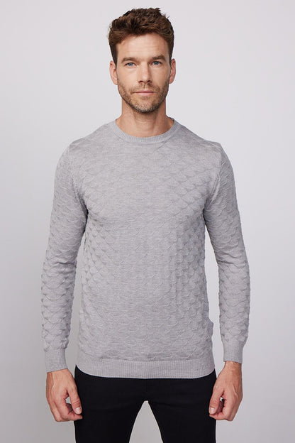 Regular Fit Standard Cut Crew Neck Patterned Light Gray Men's Sweater