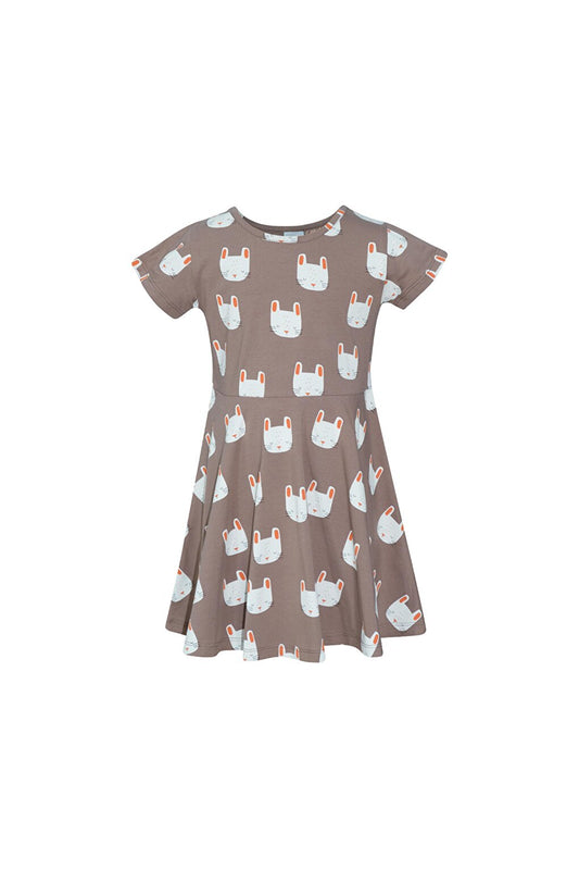 Girl's Sleepy Bunny Pattern Short Sleeve Flared Skirt Dress